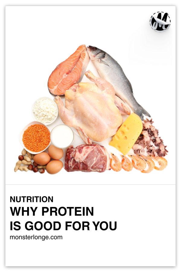 Why Protein Is Good For You written in text above an image of raw beef, chicken, fish, and other protein-rich foods.