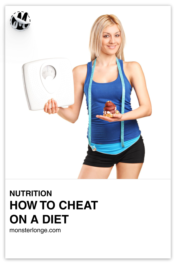 How To Cheat On A Diet written in text with image of a woman with measuring tape round her shoulders holding a bathroom scale with one arm and an apple with another.