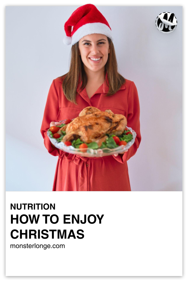 How To Enjoy Christmas Food written in text with image of a woman in a red dress and Santa hat holding a turkey.