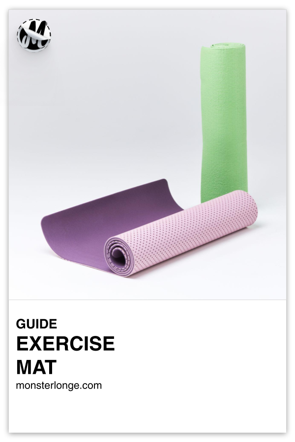 Exercise Mat written in text with image of a violet exercise mat partially rolled out on the ground and a green one rolled up and standing on its end.