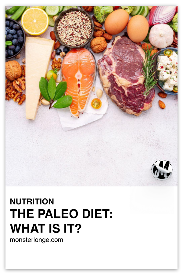 The Paleo Diet: What Is it? written in text with an overlay image of various foods associated with the Paleo diet.