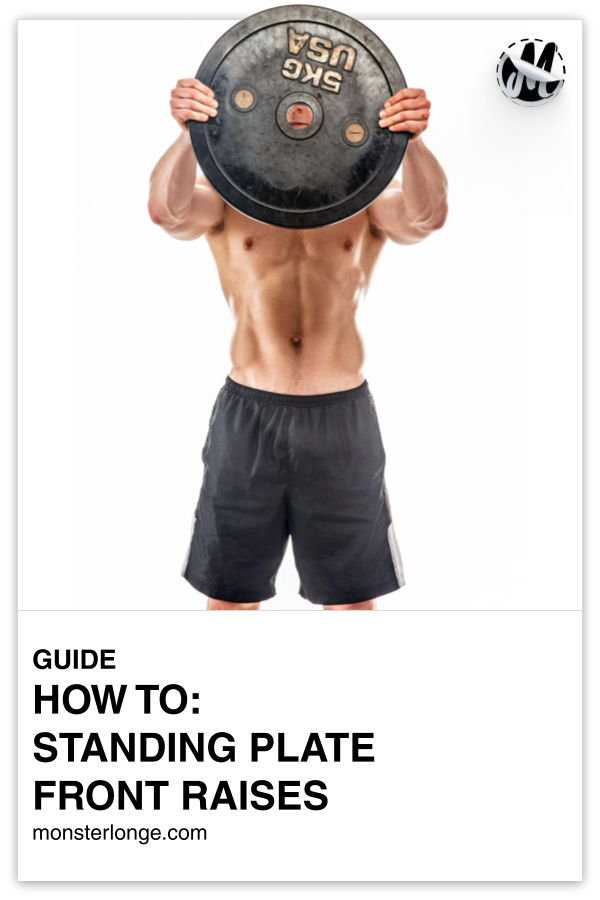 How To: Standing Plate Front Raises written in text with image of a man performing plate front raises.