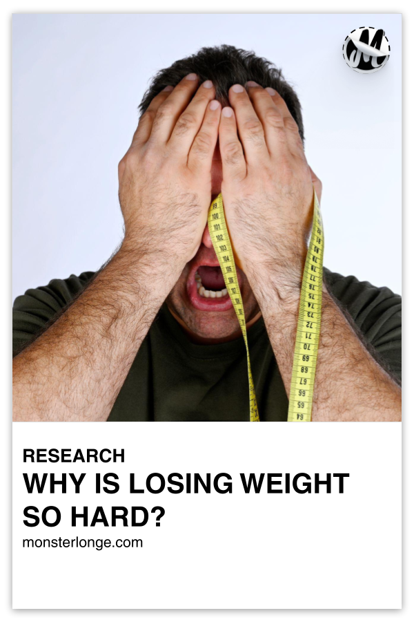 Why Is Losing Weight So Hard? written in text with image of an overweight man holding measuring tape to his face and crying in his hands.