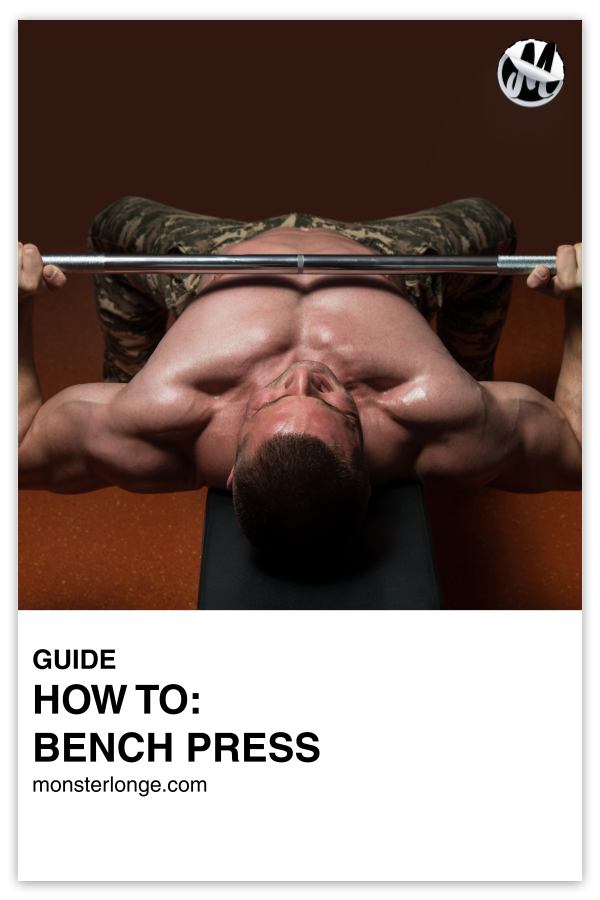How To: Bench Press written in text with image of a shirtless man performing a bench press.
