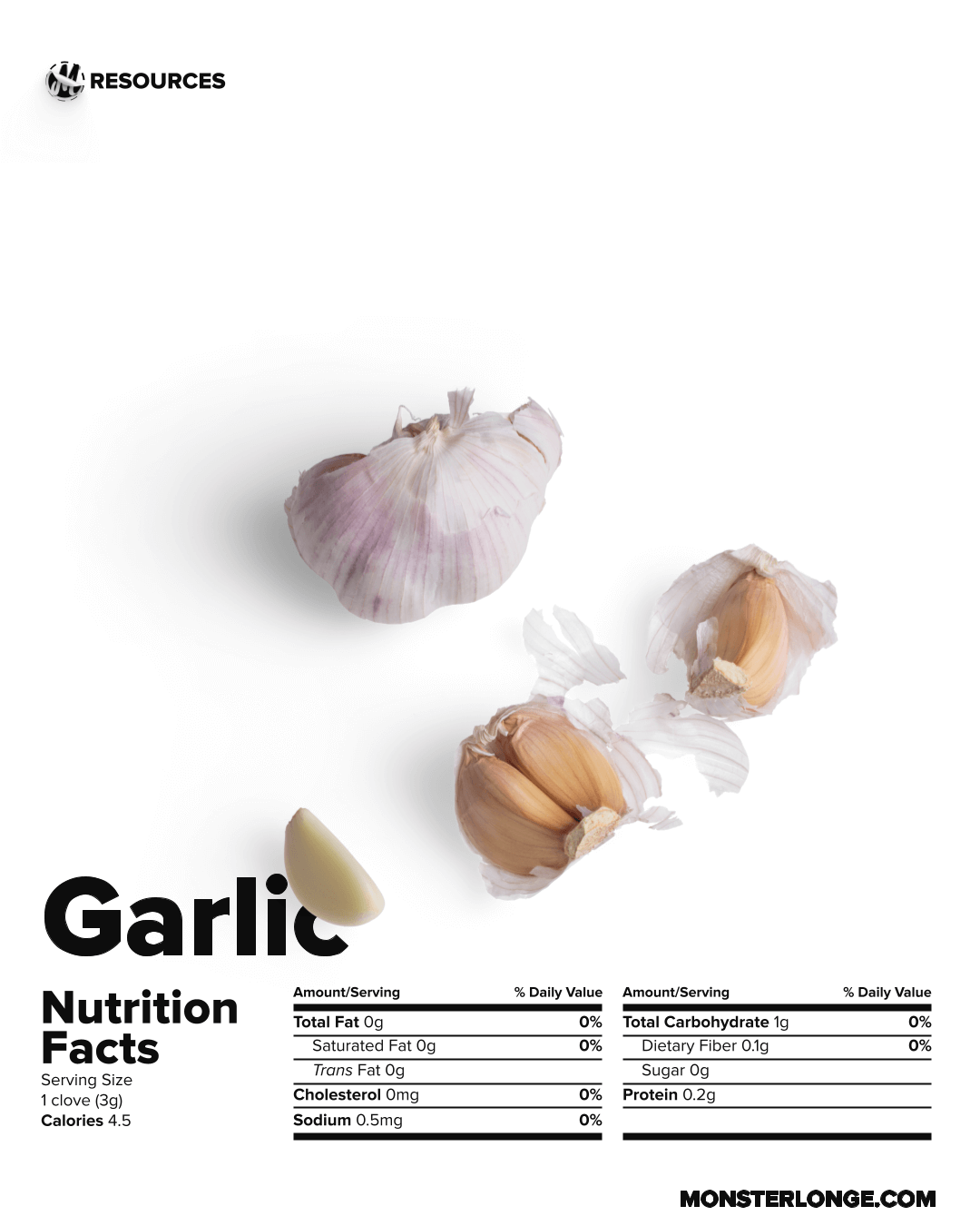 Image of garlic cloves and their nutritional values.