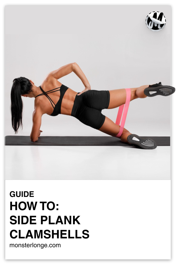 How To: Side Plank Clamshells written in text with image of a woman's back as she's on the floor performing side plank clamshells.