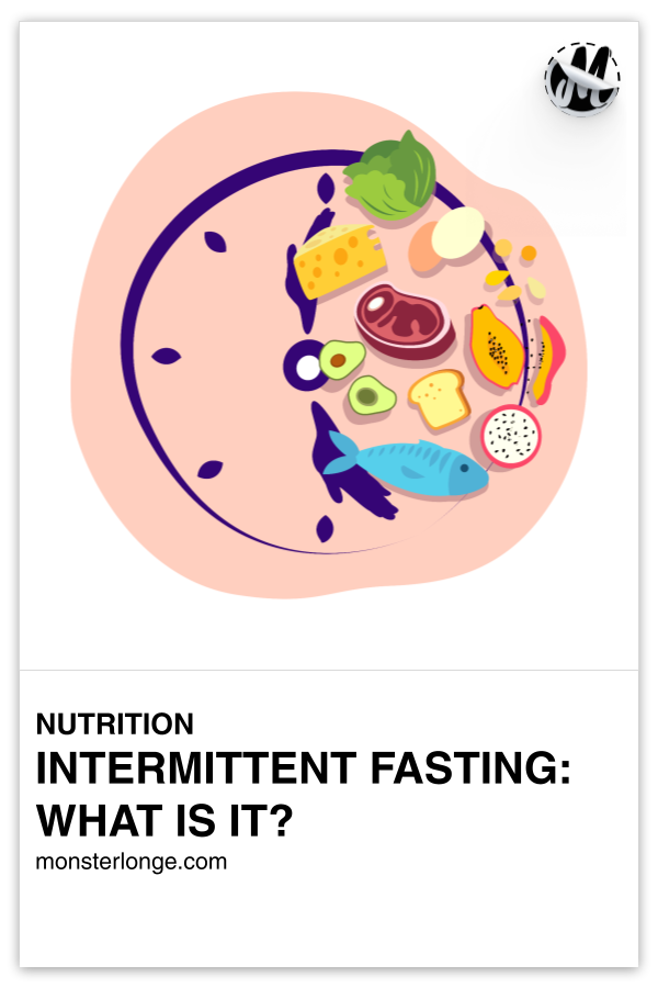 Intermittent Fasting: What Is It? written in text with image of half a clock face and several food items on the other side.