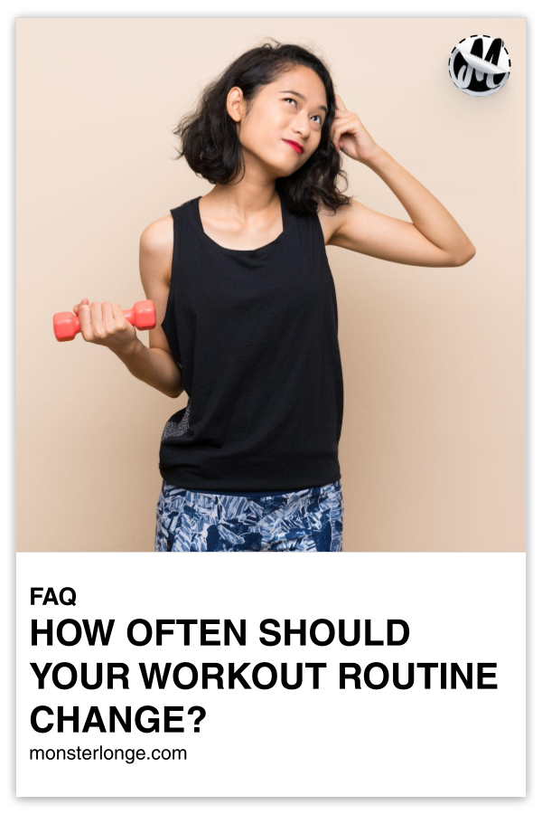 How Often Should A Workout Routine? written in text with image of a woman in workout clothes holding a dumbbell and scratching her head in confusion.